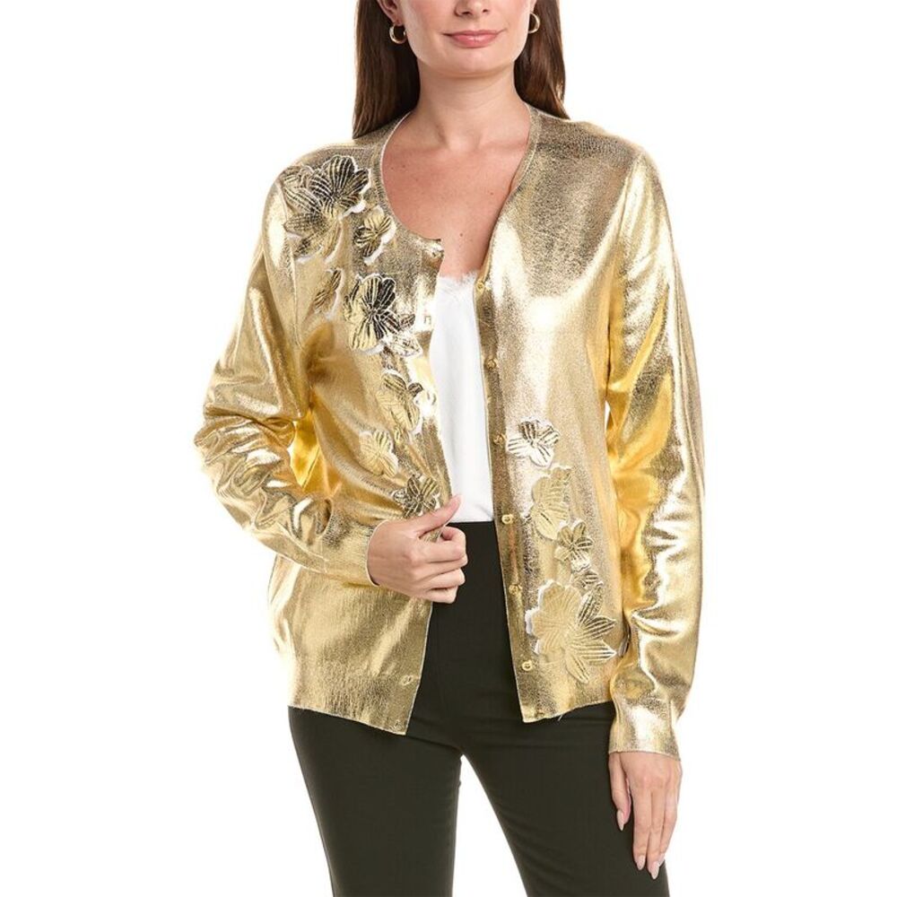 Oscar De La Renta Womens Foil Lace Silk-Blend Cardigan, Gold